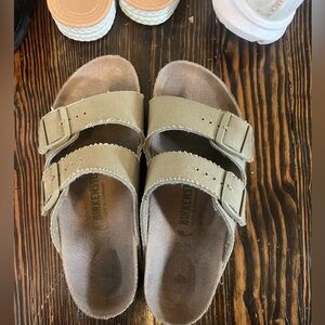 Birkenstock sandals, 9.5 super faint olive green/beige